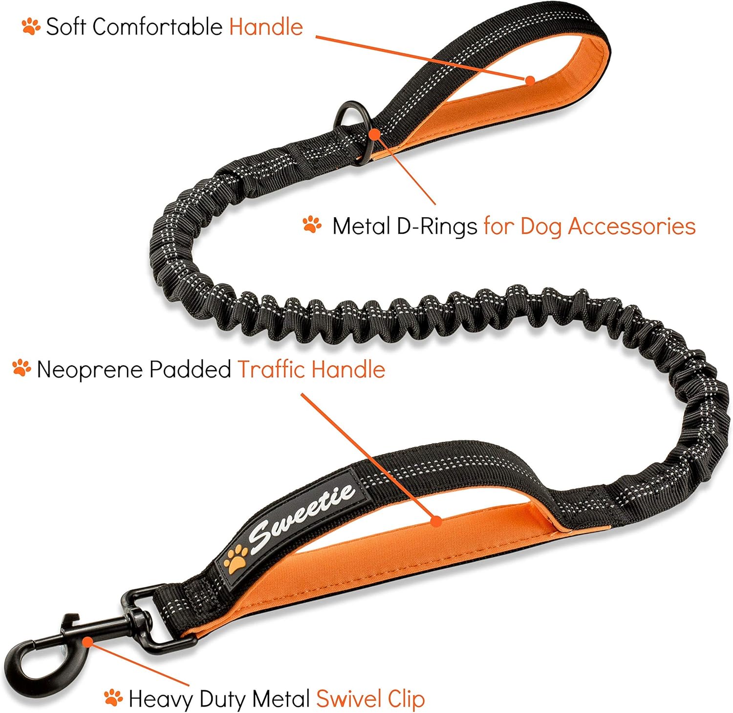 Shock Absorbing Dog Leash – Heavy Duty Reflective Bungee Lead with Dual Handles